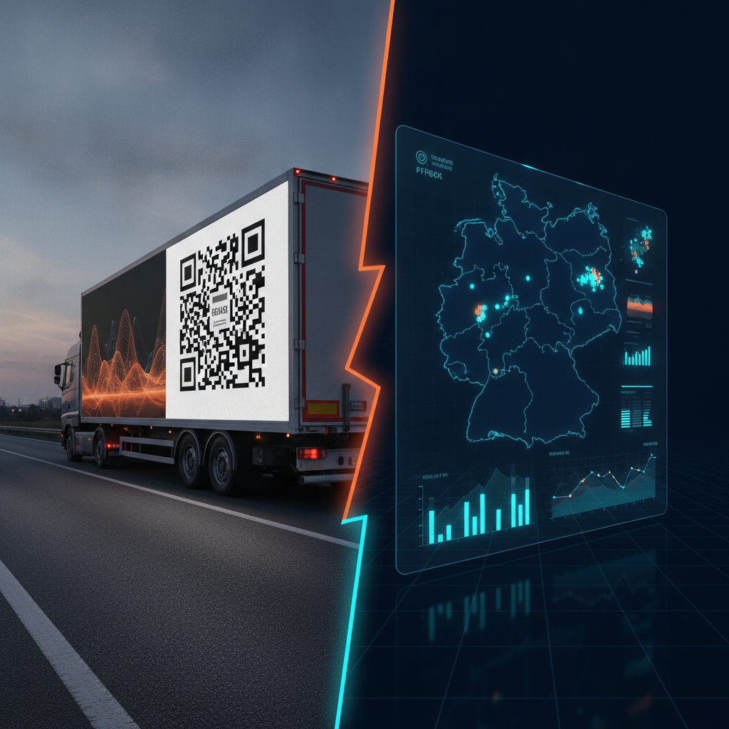 Fahrzeugwerbung geht über in ein digitales Dashboard mit Regionen-Karte